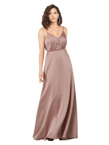 Rosa empolvado línea A Cuello en V Cuello de Corazón Satén sedoso Largo Formales Vestidos de dama de honor / Vestidos de noche Al Por Mayor