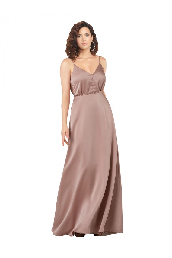Rosa empolvado línea A Cuello en V Cuello de Corazón Satén sedoso Largo Formales Vestidos de dama de honor / Vestidos de noche Al Por Mayor