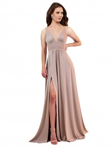 Rosa empolvado línea A Cuello en V Spandex Largo Formales Vestidos de dama de honor / Vestidos de fiesta Al Por Mayor