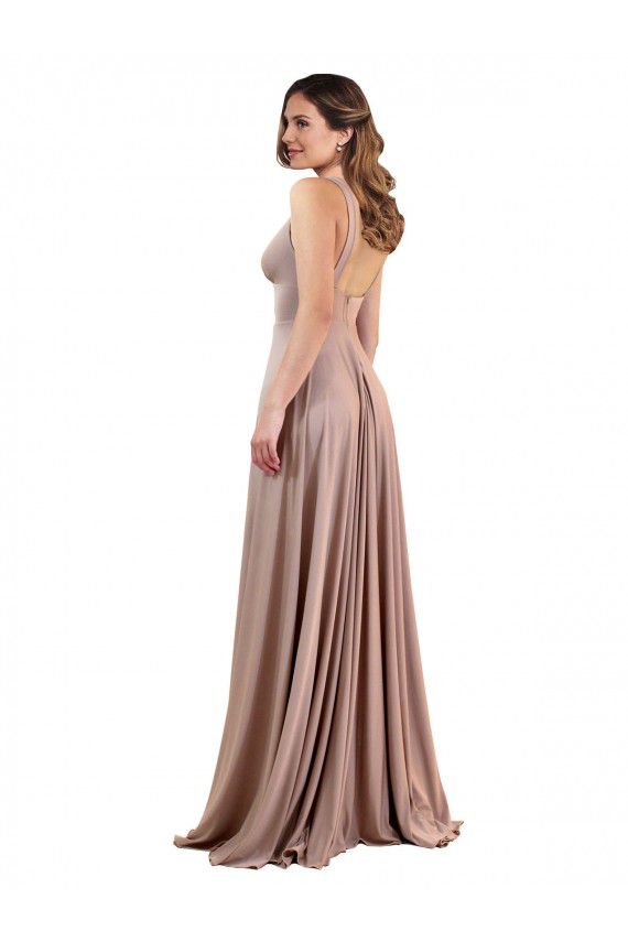 Rosa empolvado línea A Cuello en V Spandex Largo Formales Vestidos de dama de honor / Vestidos de fiesta Al Por Mayor