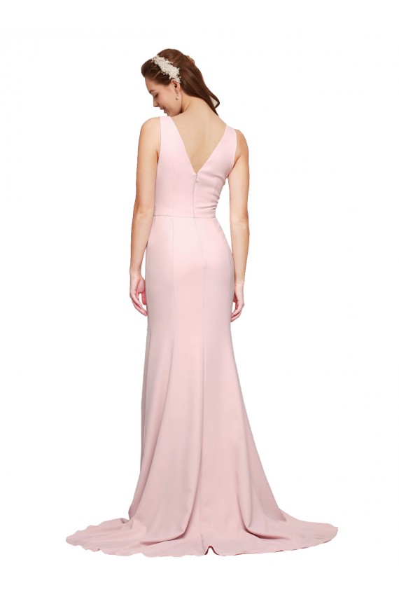 Rosa línea A Cuello en V Barrer tren Crepé Elástico Largo Vestidos de dama de honor / Vestidos de fiesta Al Por Mayor