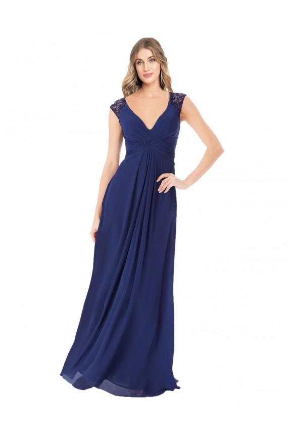 Sapphire línea A Cuello en V Gasa Largo Vestidos de dama de honor Al Por Mayor