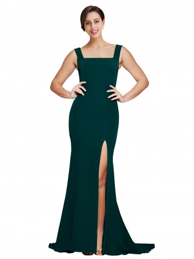 Verde Midnight Cubierta Cuadrado Barrer tren Crepé Elástico Largo Vestidos de dama de honor / Vestidos de fiesta Al Por Mayor