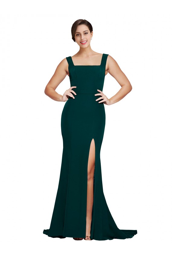 Verde Midnight Cubierta Cuadrado Barrer tren Crepé Elástico Largo Vestidos de dama de honor / Vestidos de fiesta Al Por Mayor