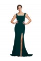 Verde Midnight Cubierta Cuadrado Barrer tren Crepé Elástico Largo Vestidos de dama de honor / Vestidos de fiesta Al Por Mayor
