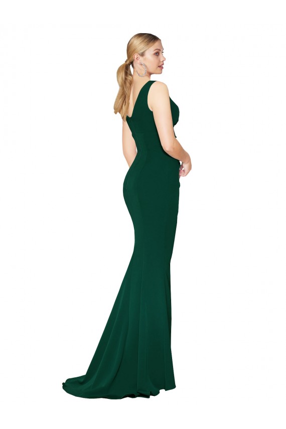 Verde Midnight Sirena Cuello en V Cuello Alto Crepé Elástico Largo Formales Vestidos de dama de honor / Vestidos de fiesta Al Por Mayor