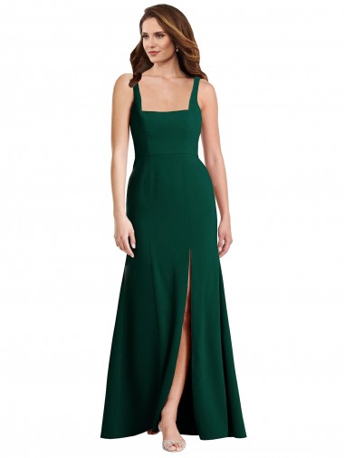 Verde Midnight Trompeta Cuadrado Crepé Elástico Largo Vestidos de dama de honor / Vestidos de fiesta Al Por Mayor