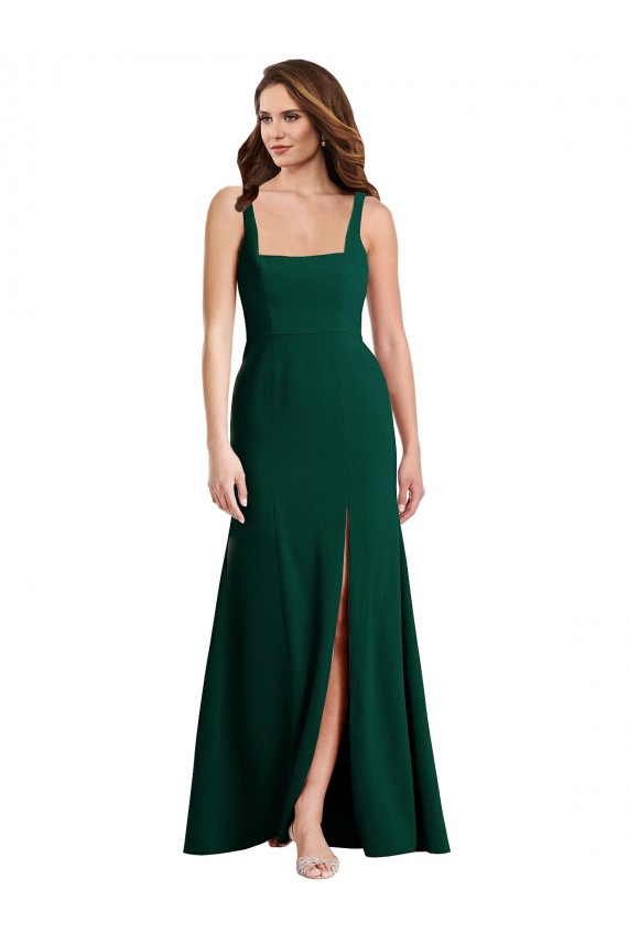 Verde Midnight Trompeta Cuadrado Crepé Elástico Largo Vestidos de dama de honor / Vestidos de fiesta Al Por Mayor