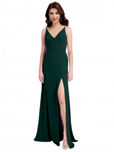 Verde Midnight línea A Cuello en V Crepé Elástico Largo Formales Vestidos de dama de honor / Vestidos de fiesta Al Por Mayor