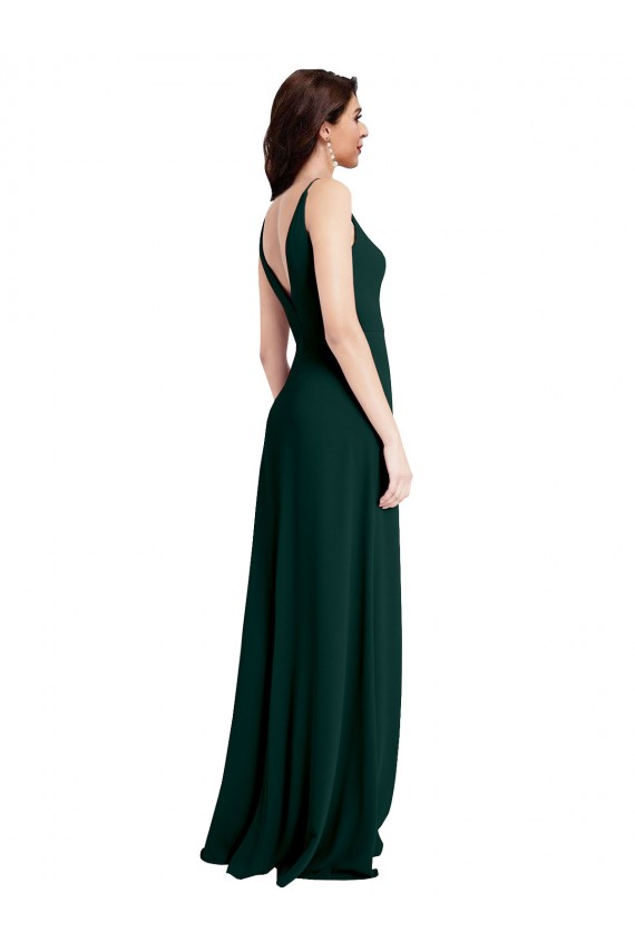 Verde Midnight línea A Cuello en V Crepé Elástico Largo Formales Vestidos de dama de honor / Vestidos de fiesta Al Por Mayor