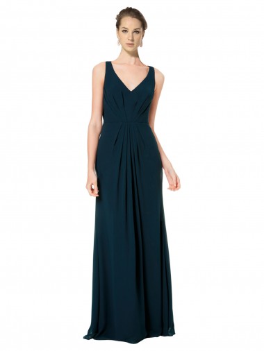 Verde Midnight línea A Cuello en V Gasa Largo Vestidos de dama de honor Al Por Mayor