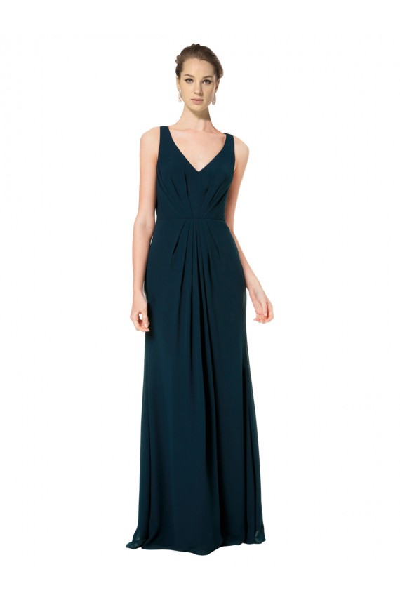 Verde Midnight línea A Cuello en V Gasa Largo Vestidos de dama de honor Al Por Mayor