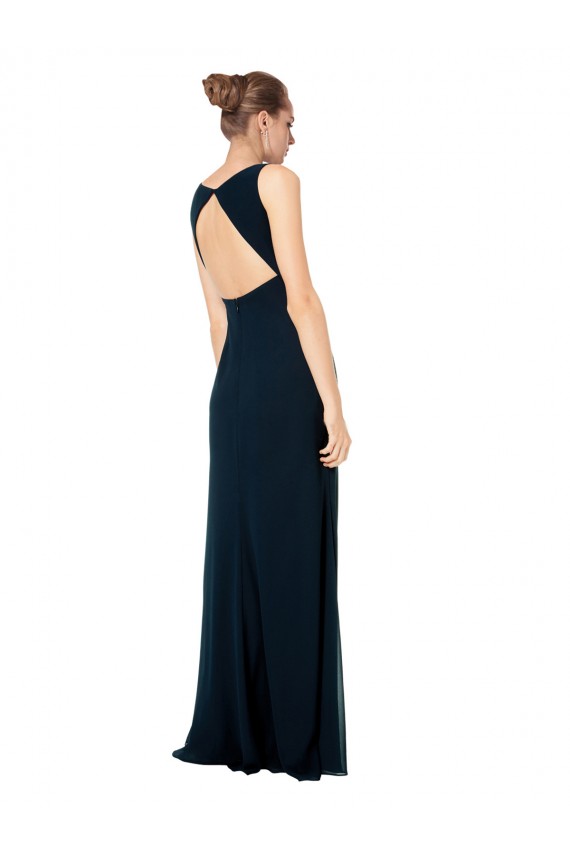 Verde Midnight línea A Cuello en V Gasa Largo Vestidos de dama de honor Al Por Mayor