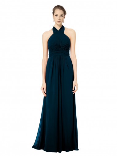 Verde Midnight línea A Halter Gasa Largo Vestidos de dama de honor Al Por Mayor