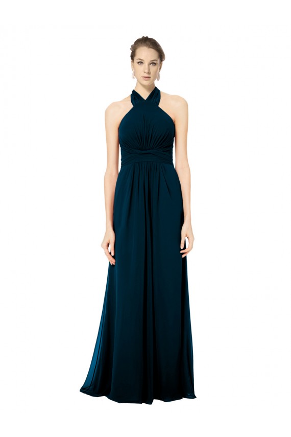 Verde Midnight línea A Halter Gasa Largo Vestidos de dama de honor Al Por Mayor