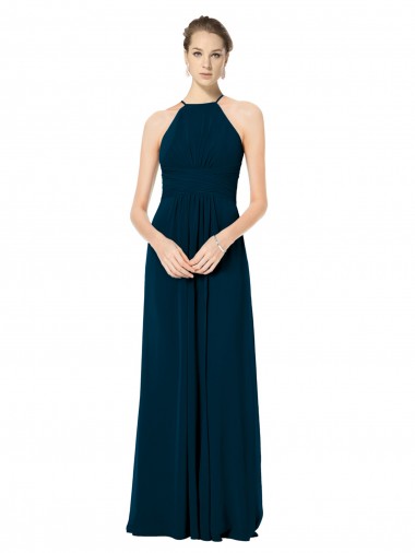 Verde Midnight línea A Tirantes espagueti Halter Gasa Largo Vestidos de dama de honor Al Por Mayor
