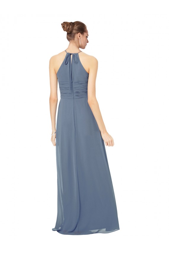 Verde Midnight línea A Tirantes espagueti Halter Gasa Largo Vestidos de dama de honor Al Por Mayor