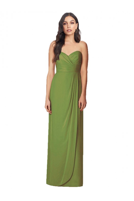 Verde Oliva Trompeta Cuello de Corazón Sin tirantes Gasa Largo Vestidos de dama de honor Al Por Mayor