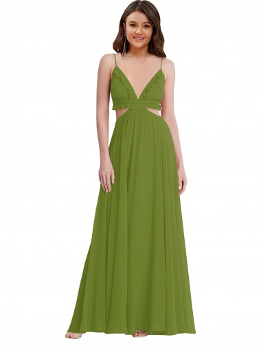 Verde Oliva línea A Cuello en V Gasa Largo Vestidos de dama de honor Al Por Mayor