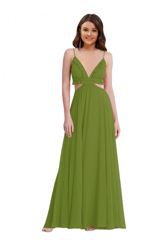 Verde Oliva línea A Cuello en V Gasa Largo Vestidos de dama de honor Al Por Mayor