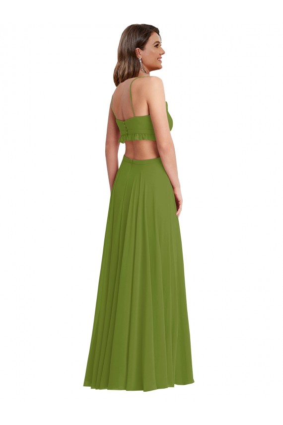 Verde Oliva línea A Cuello en V Gasa Largo Vestidos de dama de honor Al Por Mayor