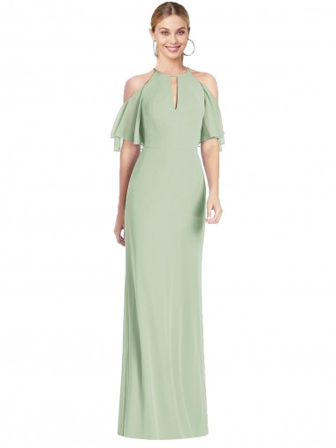 Verde Salvia Sirena Halter Gasa Largo Vestidos de dama de honor Al Por Mayor