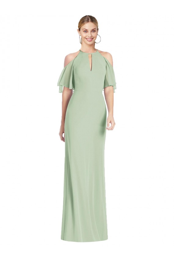 Verde Salvia Sirena Halter Gasa Largo Vestidos de dama de honor Al Por Mayor