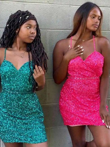 Verde oscuro Cubierta Cuello en V Corto Lentejuelas Terciopelo Corto Vestidos de fiesta Al Por Mayor