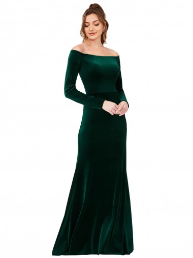Verde oscuro Cubierta Hombros Descubiertos Terciopelo Elástico Largo Formales Vestidos de dama de honor / Vestidos de fiesta Al Por Mayor