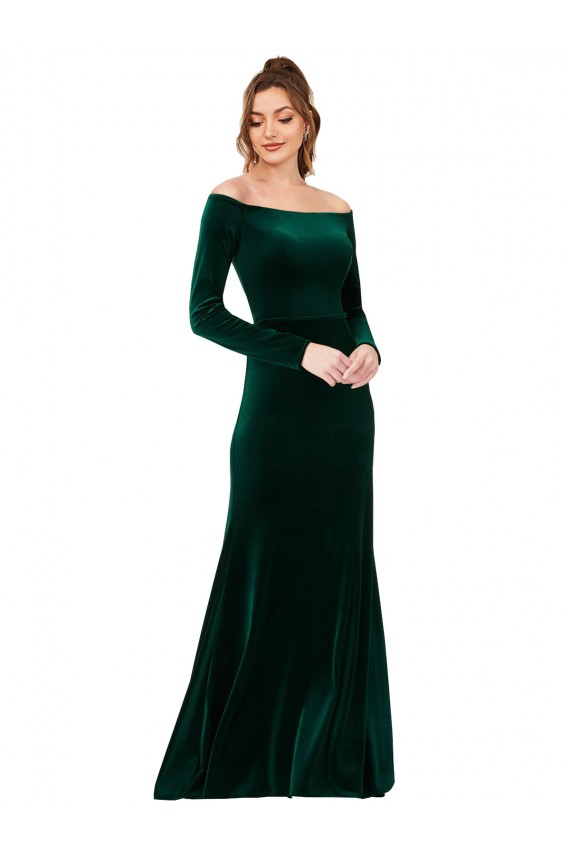 Verde oscuro Cubierta Hombros Descubiertos Terciopelo Elástico Largo Formales Vestidos de dama de honor / Vestidos de fiesta Al Por Mayor