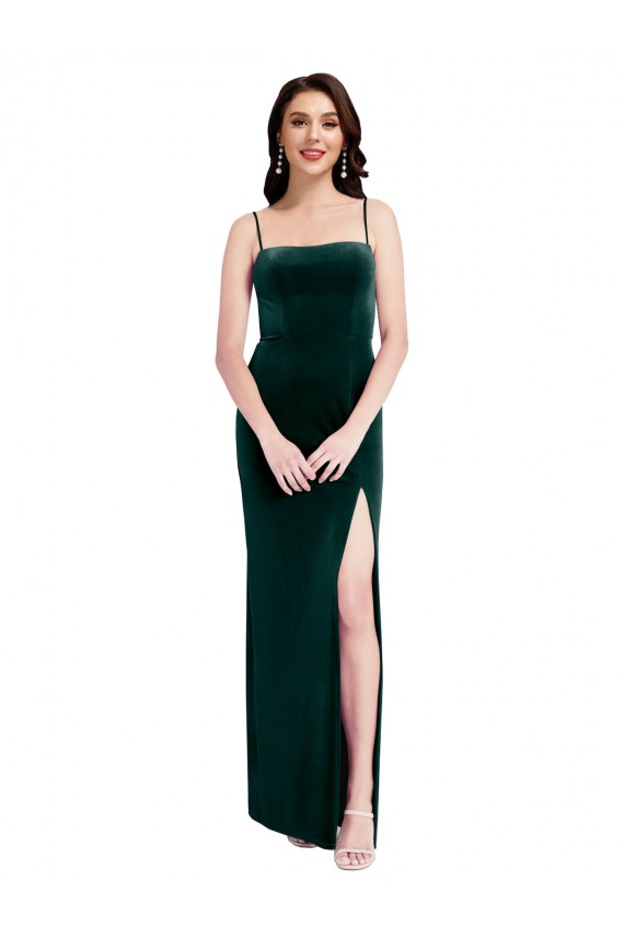Verde oscuro Cubierta Tirantes espagueti Cuadrado Terciopelo Elástico Largo Vestidos de dama de honor / Vestidos de fiesta Al Por Mayor