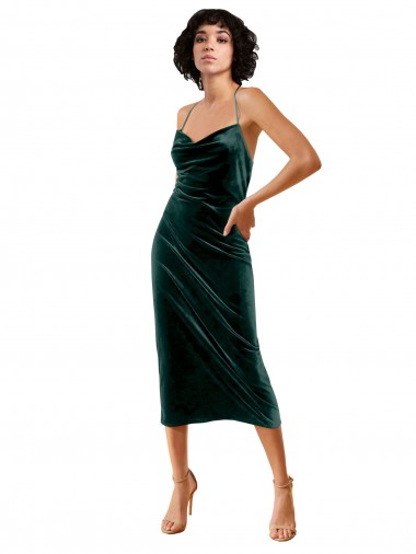 Verde oscuro Cubierta Tirantes espagueti Midi Terciopelo Elástico Corto Formales Vestidos de dama de honor / Vestidos de fiesta / Vestidos de cóctel Al Por Mayor