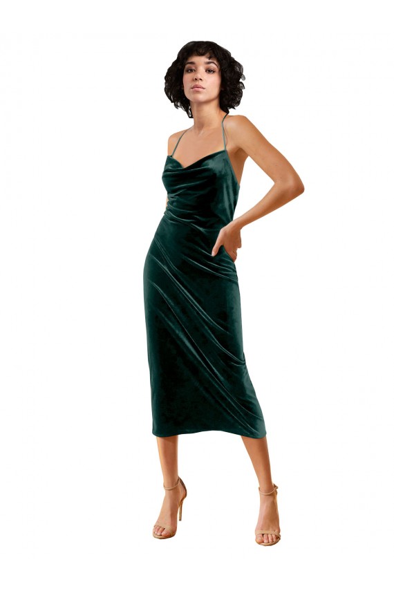 Verde oscuro Cubierta Tirantes espagueti Midi Terciopelo Elástico Corto Formales Vestidos de dama de honor / Vestidos de fiesta / Vestidos de cóctel Al Por Mayor