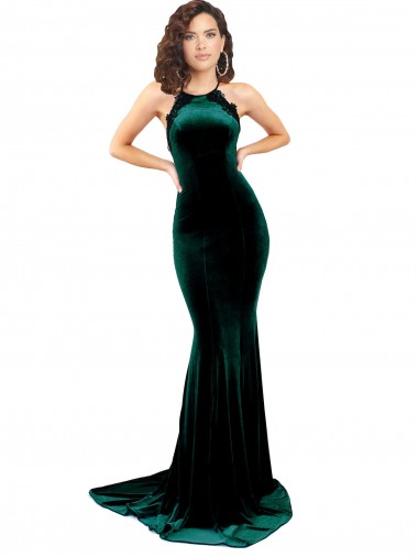Verde oscuro Sirena Cuello Alto Barrer tren Terciopelo Elástico Largo Formales Vestidos de dama de honor / Vestidos de fiesta Al Por Mayor