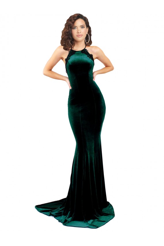 Verde oscuro Sirena Cuello Alto Barrer tren Terciopelo Elástico Largo Formales Vestidos de dama de honor / Vestidos de fiesta Al Por Mayor