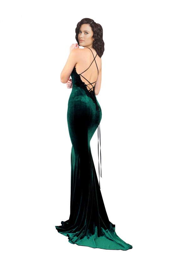 Verde oscuro Sirena Cuello Alto Barrer tren Terciopelo Elástico Largo Formales Vestidos de dama de honor / Vestidos de fiesta Al Por Mayor