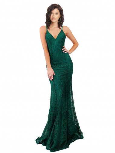 Verde oscuro Sirena Cuello en V Encaje Largo Vestidos de dama de honor / Vestidos de fiesta Al Por Mayor