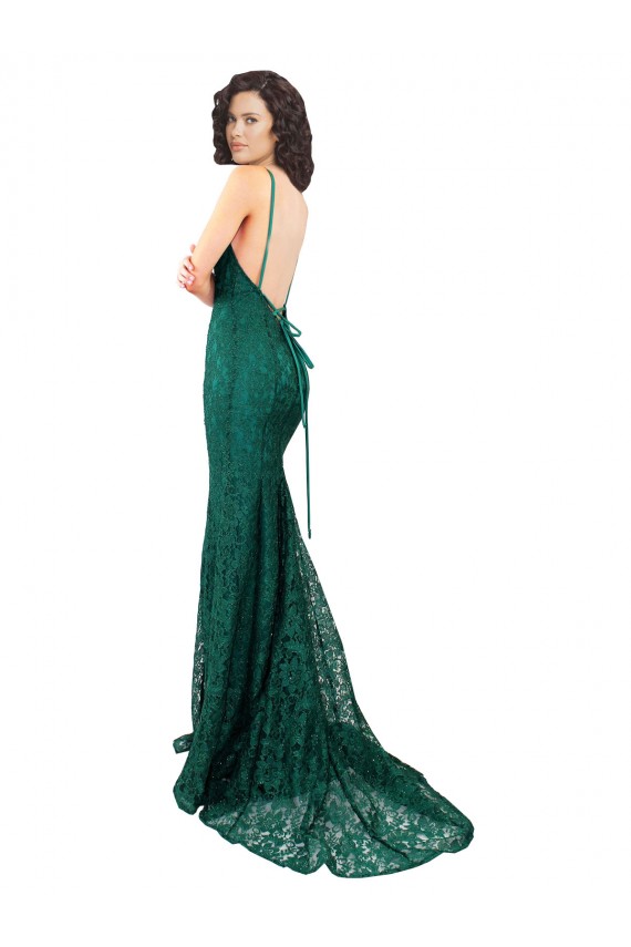 Verde oscuro Sirena Cuello en V Encaje Largo Vestidos de dama de honor / Vestidos de fiesta Al Por Mayor