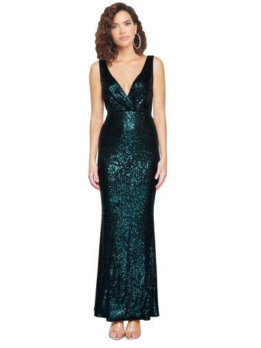 Verde oscuro Sirena Cuello en V Lentejuela Largo Formales Vestidos de dama de honor / Vestidos de fiesta Al Por Mayor