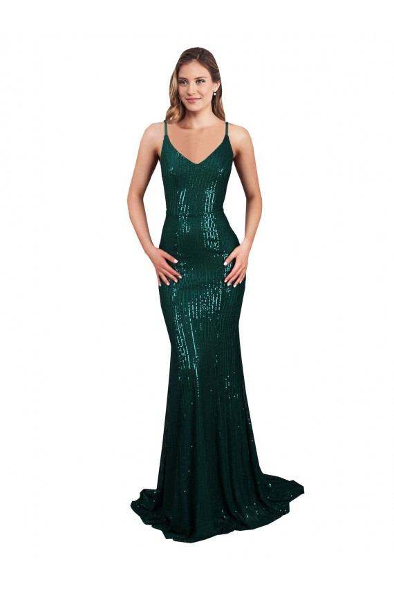 Verde oscuro Sirena Cuello en V Lentejuela Largo Formales Vestidos de dama de honor / Vestidos de fiesta Al Por Mayor