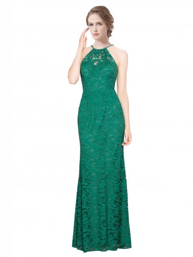 Verde oscuro Sirena Halter Cuello Alto Encaje Largo Vestidos de dama de honor / Vestidos de fiesta Al Por Mayor