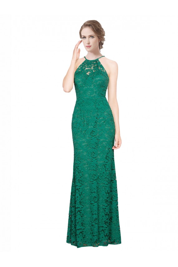 Verde oscuro Sirena Halter Cuello Alto Encaje Largo Vestidos de dama de honor / Vestidos de fiesta Al Por Mayor
