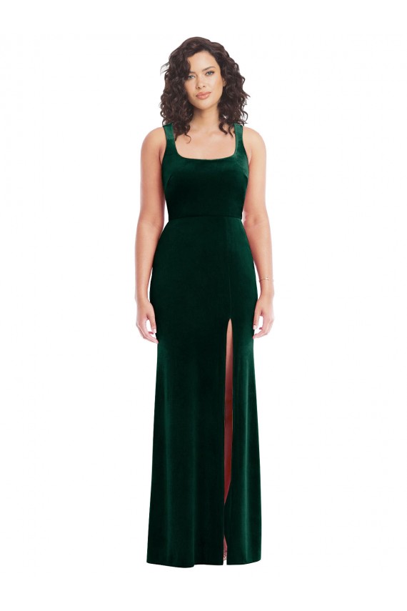 Verde oscuro Trompeta Cuadrado Terciopelo Elástico Largo Vestidos de dama de honor / Vestidos de fiesta Al Por Mayor