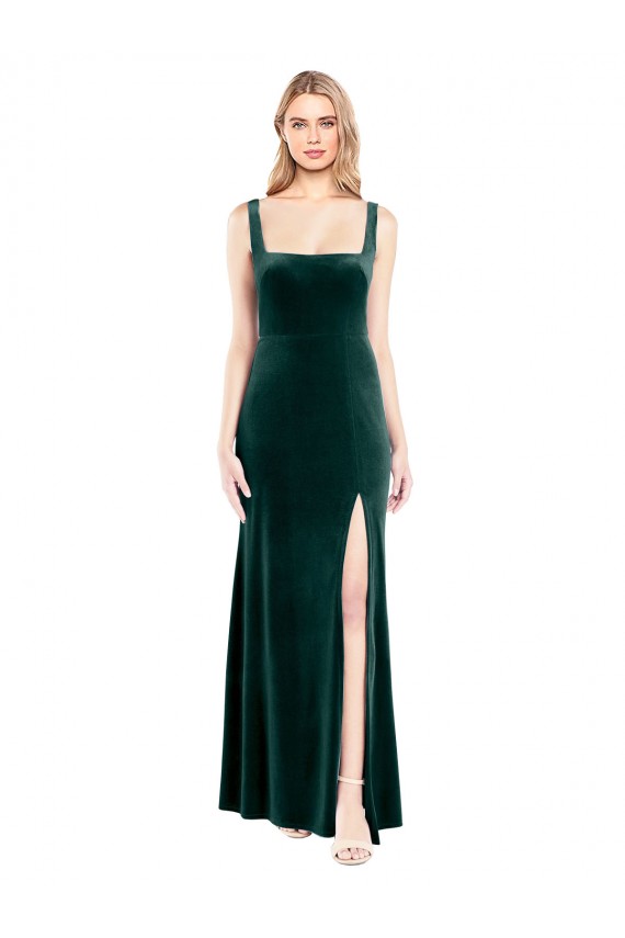 Verde oscuro línea A Cuadrado Terciopelo Elástico Largo Vestidos de dama de honor / Vestidos de fiesta Al Por Mayor