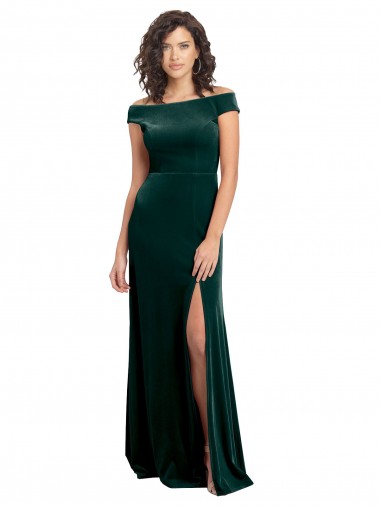 Verde oscuro línea A Cuadrado Terciopelo Elástico Largo Formales Vestidos de dama de honor / Vestidos de fiesta Al Por Mayor