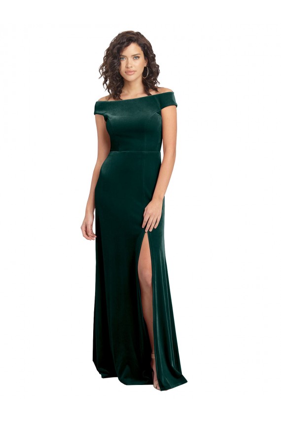 Verde oscuro línea A Cuadrado Terciopelo Elástico Largo Formales Vestidos de dama de honor / Vestidos de fiesta Al Por Mayor