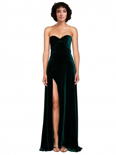 Verde oscuro línea A Cuello de Corazón Barrer tren Terciopelo Elástico Largo Vestidos de dama de honor / Vestidos de fiesta Al Por Mayor