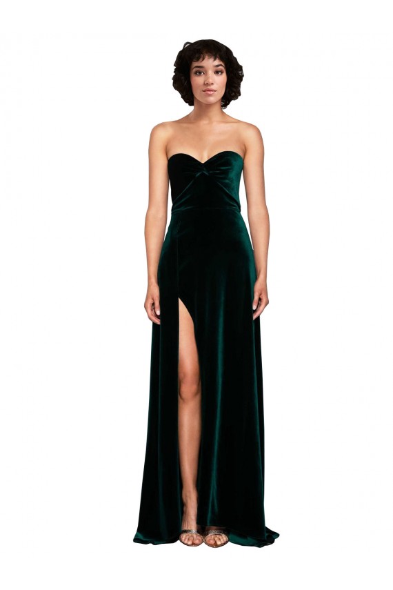 Verde oscuro línea A Cuello de Corazón Barrer tren Terciopelo Elástico Largo Vestidos de dama de honor / Vestidos de fiesta Al Por Mayor