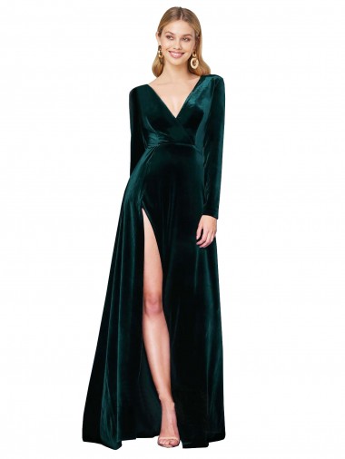 Verde oscuro línea A Cuello en V Barrer tren Terciopelo Elástico Largo Formales Vestidos de dama de honor / Vestidos de fiesta Al Por Mayor
