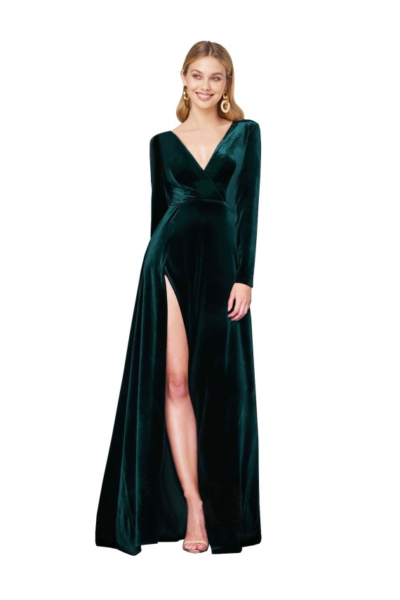 Verde oscuro línea A Cuello en V Barrer tren Terciopelo Elástico Largo Formales Vestidos de dama de honor / Vestidos de fiesta Al Por Mayor